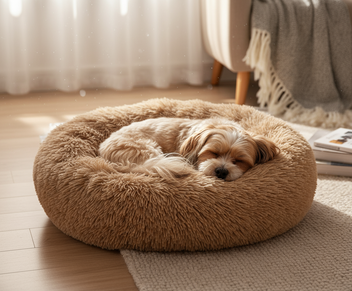 Perro pequeño en cama marrón