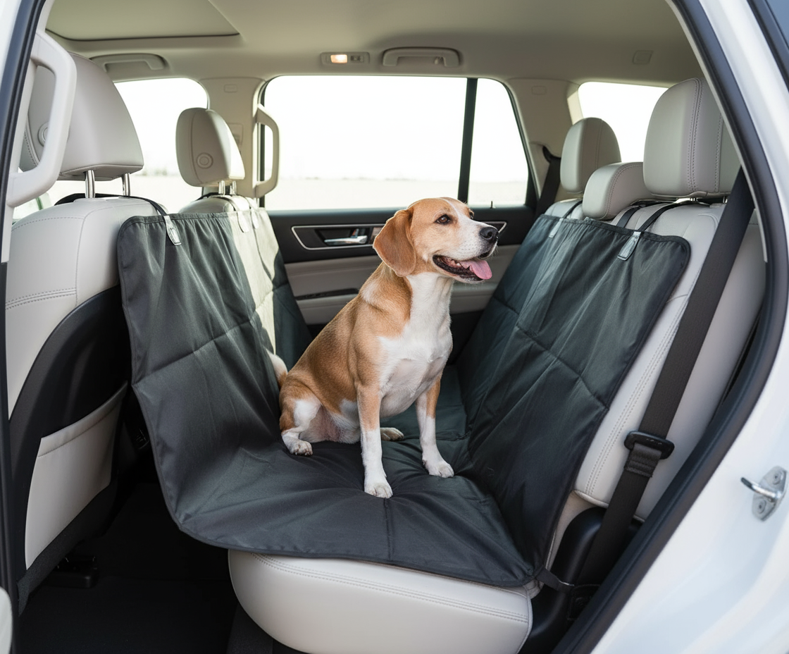 Protector de coche con perro mirando por la ventana