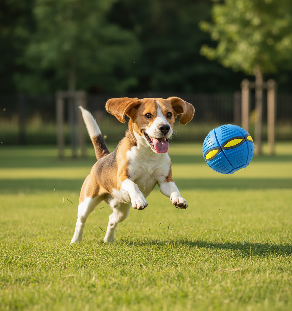 Beagle saltando con la pelota