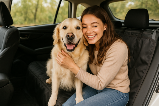 Dueña con su mascota en el coche