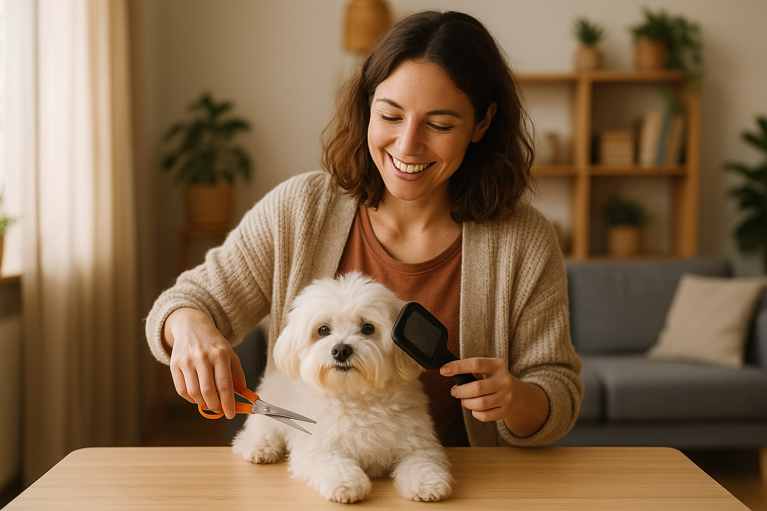 Dueño cortando pelo a su mascota en casa