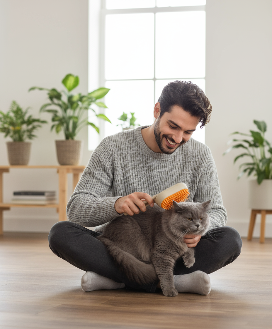 Hombre cepillando gato gris