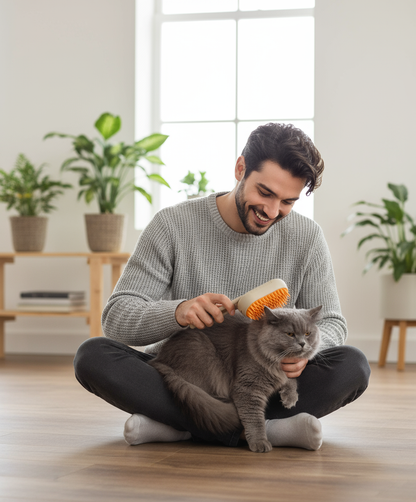 Hombre cepillando gato gris