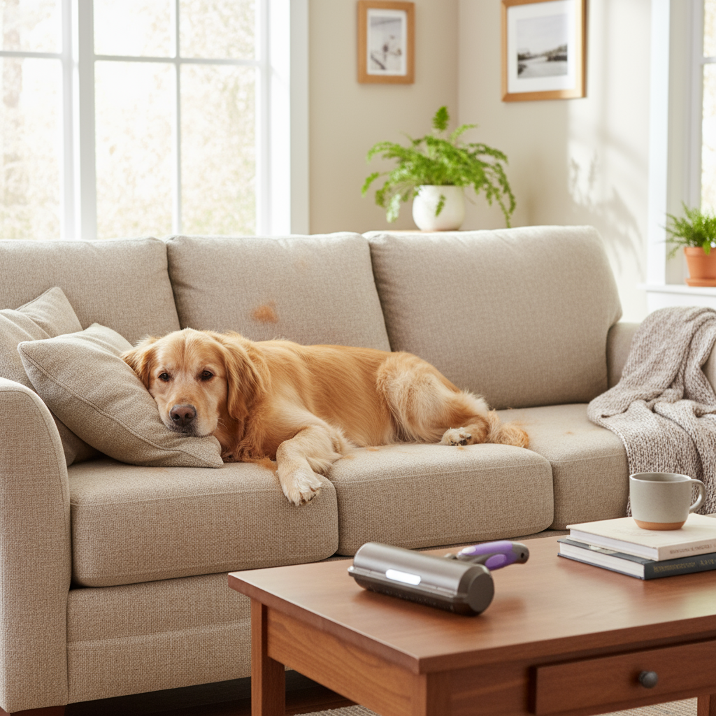 Imagen realista de portada con rodillo, sofá y mascota