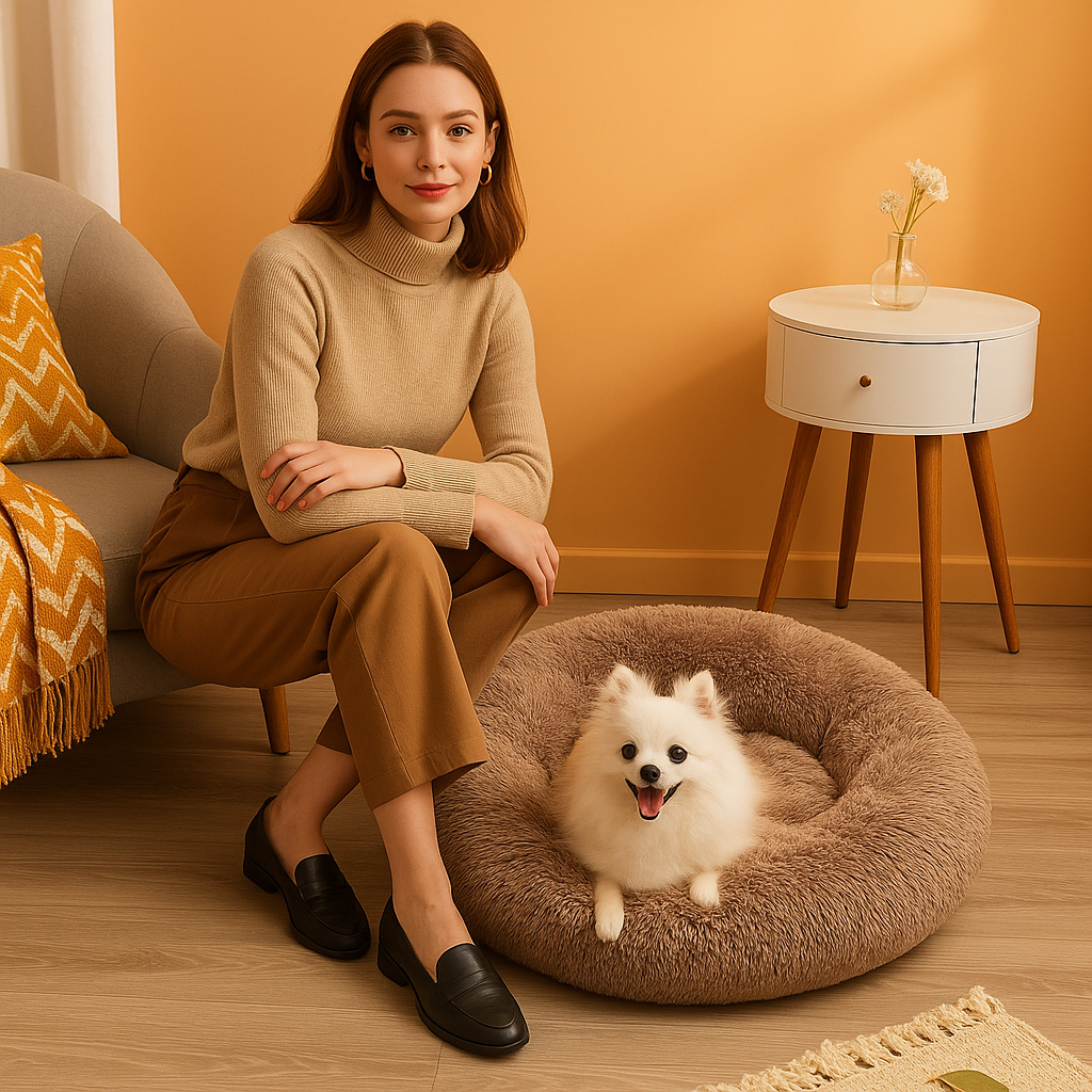 Modelo con mascota en cama para perros