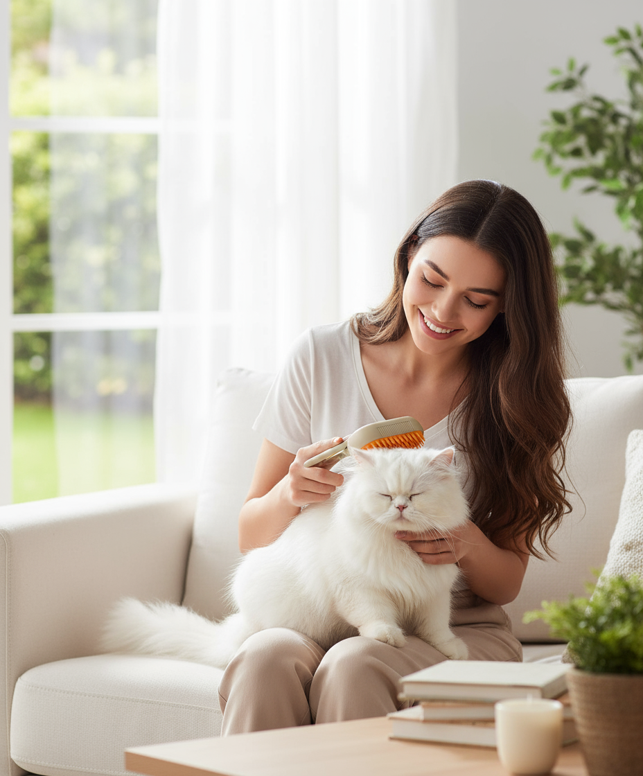 Mujer cepillando gato persa