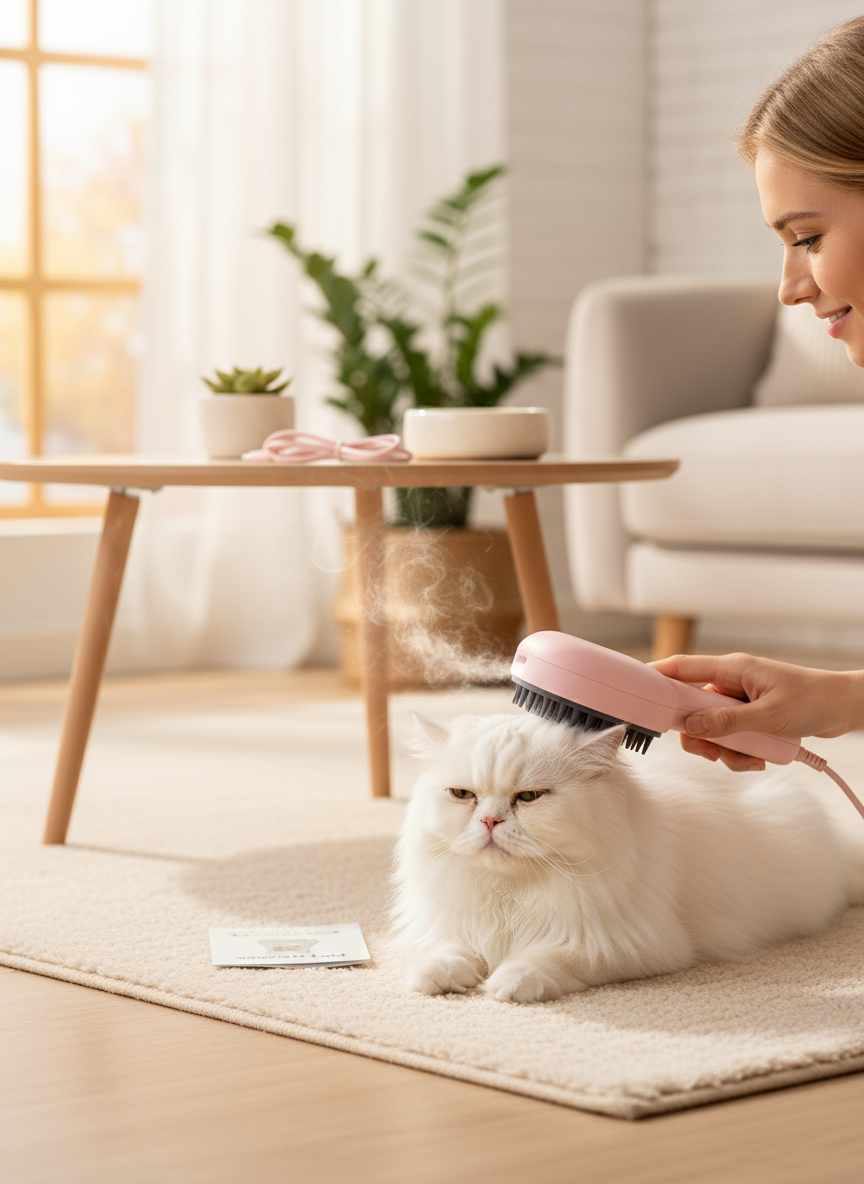 Mujer usando cepillo rosa con gato persa