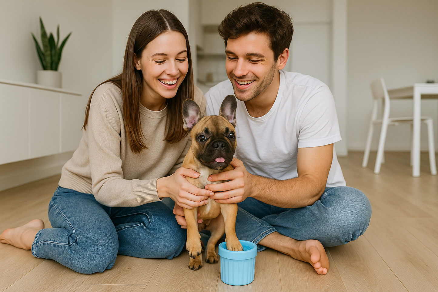 Pareja joven con Bulldog