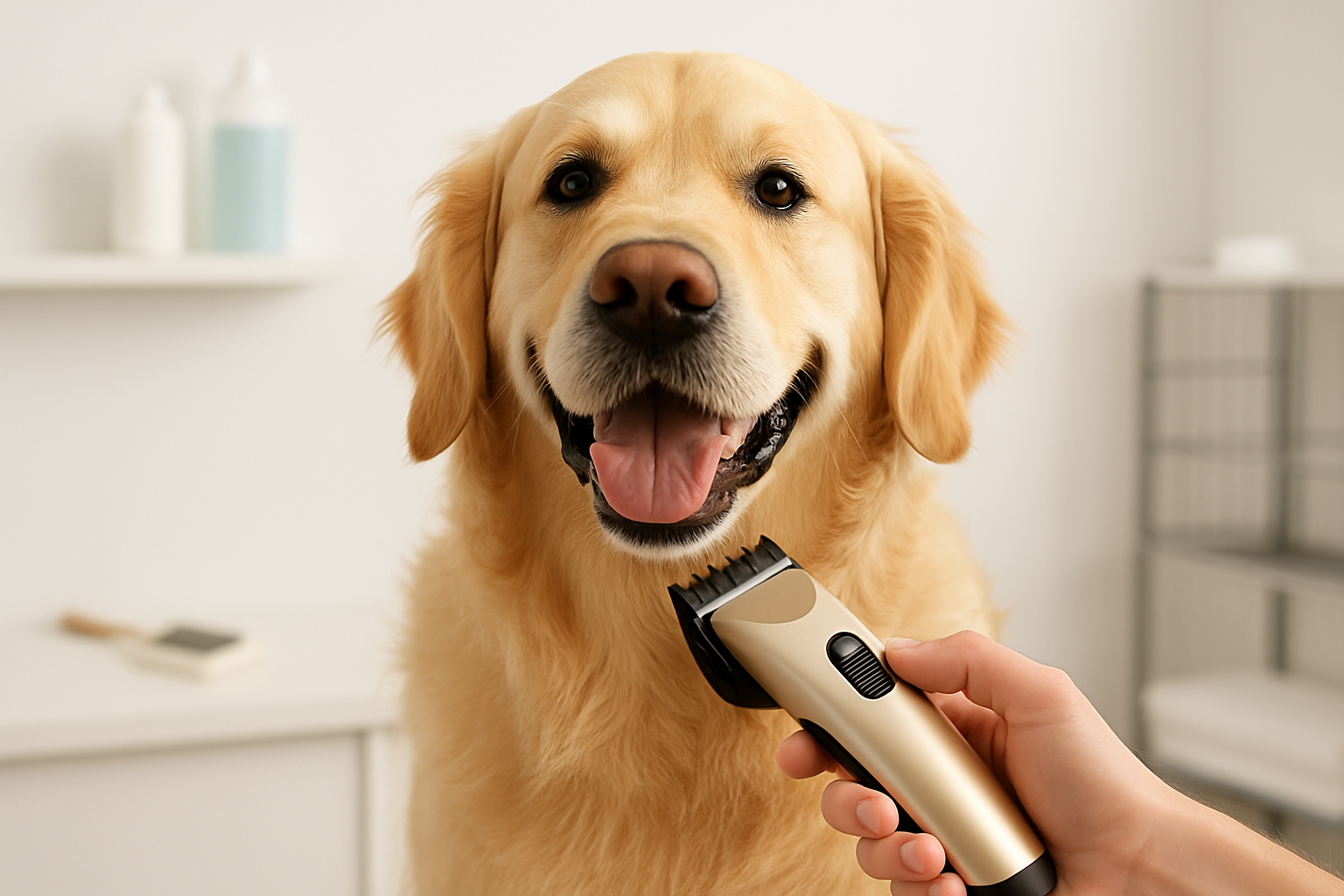 Perro Golden Retriever feliz durante el corte